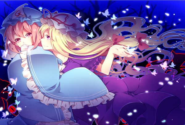 Anime picture 1748x1181 with touhou yakumo yukari saigyouji yuyuko anthiea long hair highres short hair blonde hair red eyes purple eyes multiple girls pink hair girl dress 2 girls insect butterfly bonnet