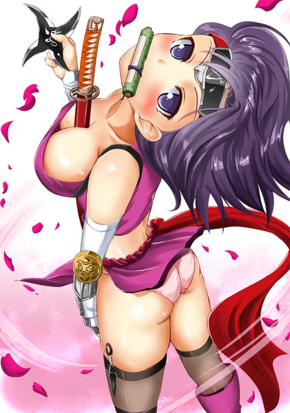 Anime picture 1402x2000 with original miracle hoshi single tall image blush short hair breasts light erotic large breasts standing purple eyes holding cleavage purple hair ass mouth hold looking up girl weapon petals