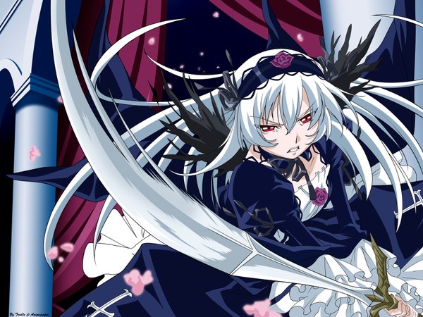 Anime picture 1600x1200 with rozen maiden suigintou treille single long hair looking at viewer fringe smile hair between eyes red eyes signed white hair wallpaper grin third-party edit fighting stance girl weapon sword lolita hairband
