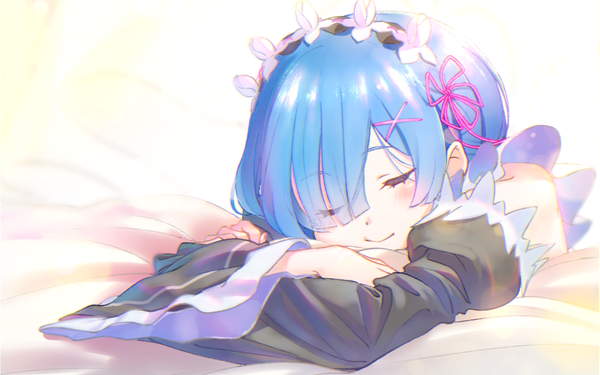 Anime picture 1006x630 with re:zero kara hajimeru isekai seikatsu white fox rem (re:zero) ganko-chan (shashaneko123) single blush fringe short hair blue eyes smile blue hair hair over one eye maid sleeping girl uniform detached sleeves headdress maid headdress x hair ornament