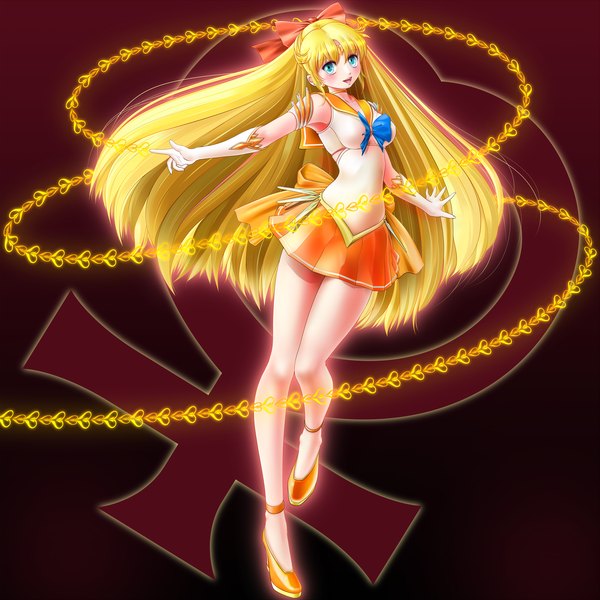 Anime picture 2560x2560 with bishoujo senshi sailor moon toei animation aino minako sailor venus miharin (artist) single long hair blush highres open mouth blue eyes blonde hair girl skirt gloves bow hair bow miniskirt sailor suit