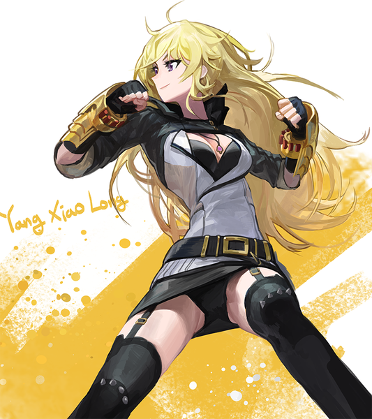 Anime picture 800x901 with rwby rooster teeth yang xiao long modare long hair tall image fringe light erotic simple background blonde hair purple eyes looking away girl thighhighs skirt gloves underwear panties black thighhighs miniskirt