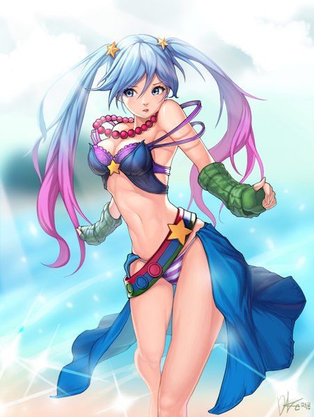 Anime picture 2202x2932 with league of legends sona buvelle arcade sona (league of legends) lee seok ho dduck kong single long hair tall image highres breasts blue eyes light erotic twintails bare shoulders signed looking away multicolored hair bare legs bare belly sparkle