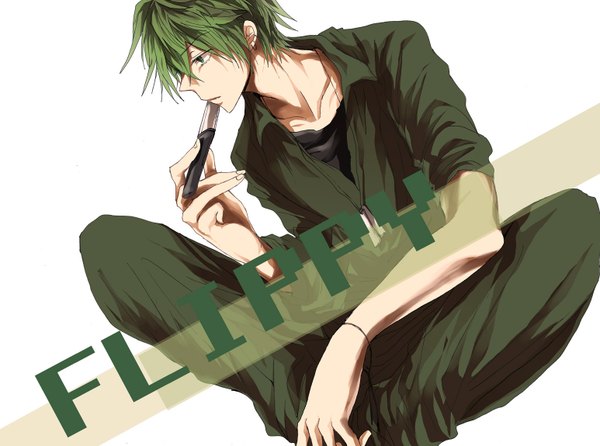 Anime picture 1546x1150 with happy tree friends flippy yuki (fuguneko) short hair white background sitting green eyes profile green hair inscription wallpaper personification boy knife