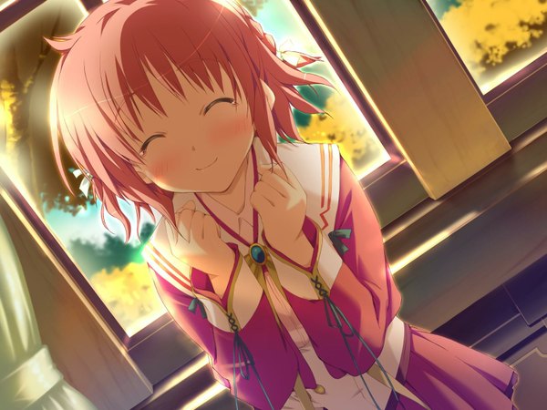 Anime picture 1600x1200 with happy margaret amagahara inaho kokonoka blush short hair smile game cg red hair eyes closed girl uniform school uniform