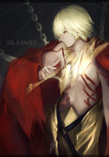 Anime picture 1281x1842 with fate (series) gilgamesh (fate) marumoru single tall image fringe short hair blonde hair hair between eyes red eyes standing signed looking away profile off shoulder grey background tattoo character names topless boy