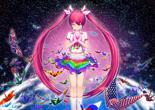 Anime picture 2046x1447 with vocaloid hatsune miku sakura miku akama zenta single long hair highres smile twintails pink hair red hair eyes closed very long hair ^ ^ heart hands multicolored alternate hair color flag print girl skirt