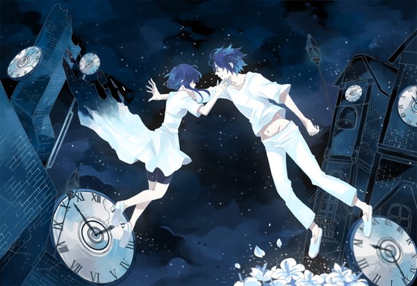 Anime picture 1700x1170 with vocaloid senka (nico nico singer) gui highres short hair blue eyes blue hair cloud (clouds) night couple weightlessness girl dress boy navel flower (flowers) shorts building (buildings) pants clock