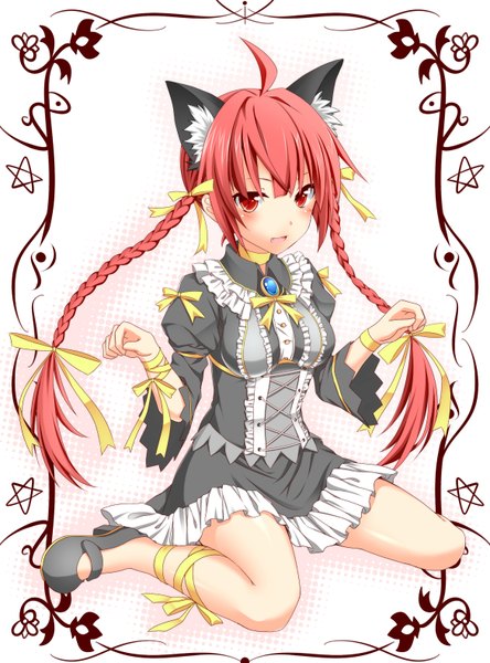 Anime picture 1170x1578 with touhou kaenbyou rin noumin (artist) single long hair tall image red eyes animal ears ahoge red hair braid (braids) cat ears framed extra ears girl dress
