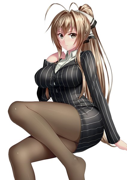 Anime picture 707x1000 with amagi brilliant park kyoto animation sento isuzu kai (link2262) single long hair tall image looking at viewer breasts simple background brown hair large breasts white background brown eyes ponytail girl skirt pantyhose suit