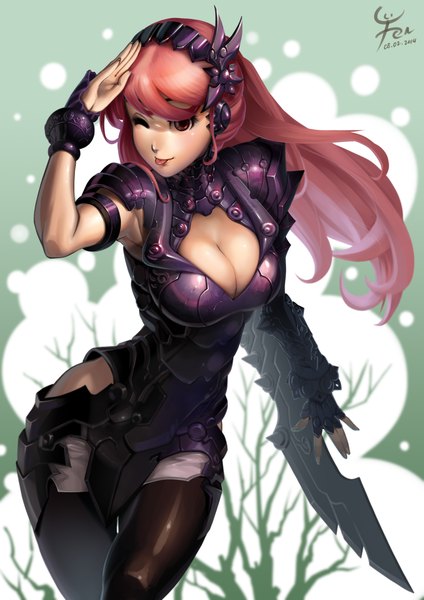 Anime picture 1653x2338 with original agustinus (artist) single long hair tall image red eyes cleavage red hair one eye closed wink salute assassin girl weapon tongue suit