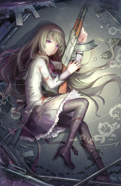 Anime picture 800x1227 with mahou shoujo madoka magica shaft (studio) akemi homura kyurin (sunnydelight) single long hair tall image looking at viewer black hair purple eyes lying girl dress weapon hairband gun blood chain pistol assault rifle