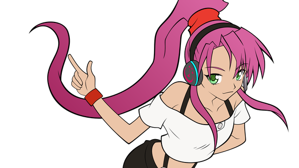 Anime picture 1920x1080 with basquash! satelight rouge single long hair highres smile wide image white background bare shoulders green eyes pink hair ponytail vector girl headphones wristlet