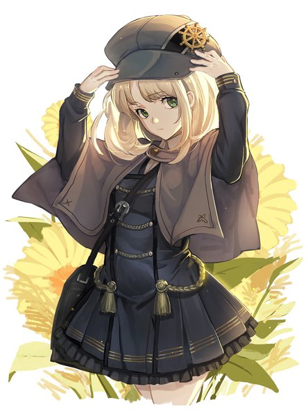 Anime picture 858x1157 with original ryuuzaki ichi single tall image fringe short hair blonde hair standing white background green eyes looking away upper body long sleeves head tilt arms up adjusting hat girl dress flower (flowers) frills