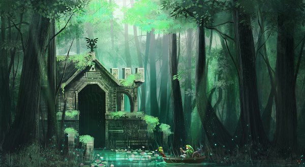 Anime picture 1200x660 with the legend of zelda link blonde hair wide image pointy ears elf river boy plant (plants) tree (trees) forest watercraft fireflies boat