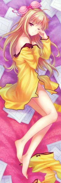 Anime picture 1000x3000 with sakura-sou no pet na kanojo j.c. staff shiina mashiro gururu single long hair tall image blonde hair red eyes lying one eye closed barefoot wink dakimakura (medium) girl paper