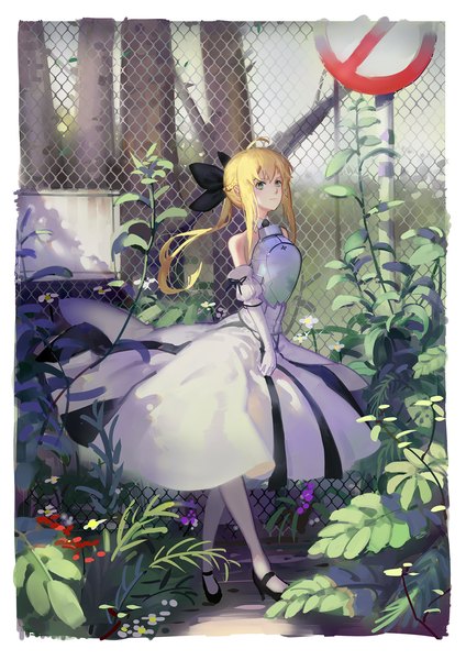 Anime picture 1400x1979 with fate (series) fate/unlimited codes type-moon artoria pendragon (all) saber lily hoshimawa single long hair tall image fringe blonde hair bare shoulders green eyes looking away ahoge ponytail braid (braids) high heels border walking