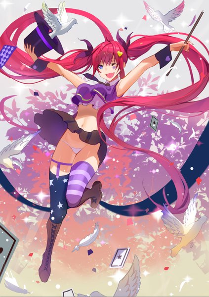 Anime picture 618x877 with original lloule single tall image open mouth blue eyes light erotic twintails holding red hair very long hair :d one eye closed wink floating hair facial mark spread arms leg lift (legs lift) lacing jumping