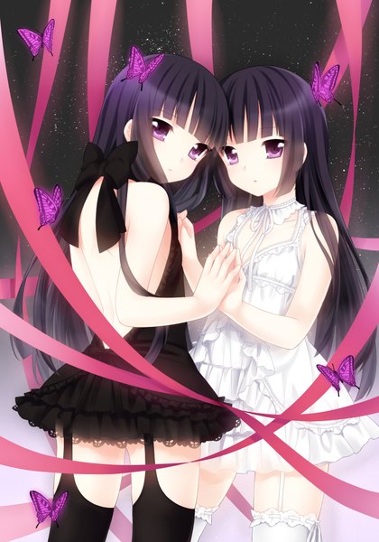 Anime picture 1400x2000 with inu x boku ss david production shirakiin ririchiyo etou (cherry7) long hair tall image black hair purple eyes bare shoulders looking back back dual persona girl thighhighs dress ribbon (ribbons) bow black thighhighs white thighhighs insect