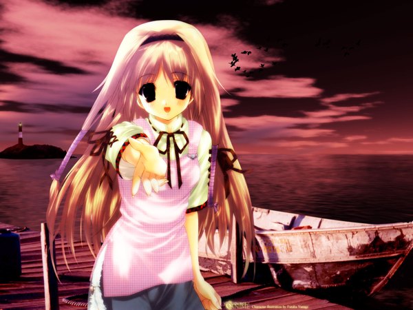 Anime picture 1600x1200 with single long hair looking at viewer blonde hair smile sky black eyes gloom girl hair ornament ribbon (ribbons) animal bird (birds) watercraft boat lighthouse