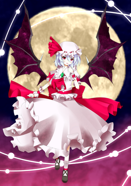 Anime picture 1062x1500 with touhou remilia scarlet edword33 single tall image short hair red eyes white hair girl dress skirt wings moon bonnet skirt set