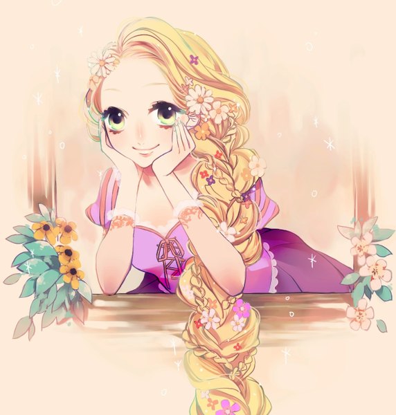 Anime picture 1227x1287 with tangled disney rapunzel takanashi kirara single long hair tall image blonde hair smile green eyes very long hair hair flower girl dress hair ornament flower (flowers) leaf (leaves) pink dress