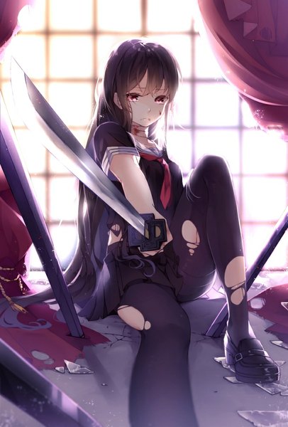 Anime picture 676x999 with original recotasan single long hair tall image looking at viewer fringe black hair red eyes sitting bent knee (knees) pleated skirt sunlight torn clothes torn pantyhose blood stains bleeding girl skirt uniform