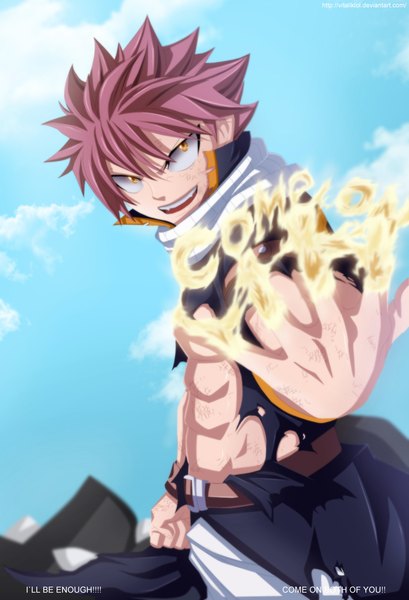 Anime picture 890x1306 with fairy tail natsu dragneel vitaliklol single tall image short hair open mouth smile pink hair sky cloud (clouds) orange eyes sleeveless coloring torn clothes magic muscle boy belt scarf