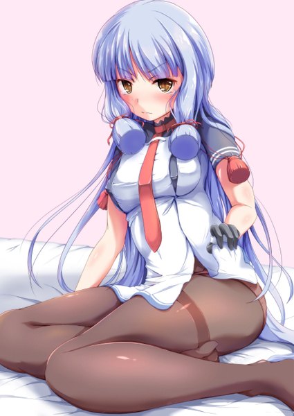Anime picture 1000x1412 with kantai collection murakumo destroyer maimu (gol-em-1226) single long hair tall image looking at viewer blush fringe light erotic sitting brown eyes blue hair bent knee (knees) blunt bangs arm support shadow short sleeves embarrassed tears