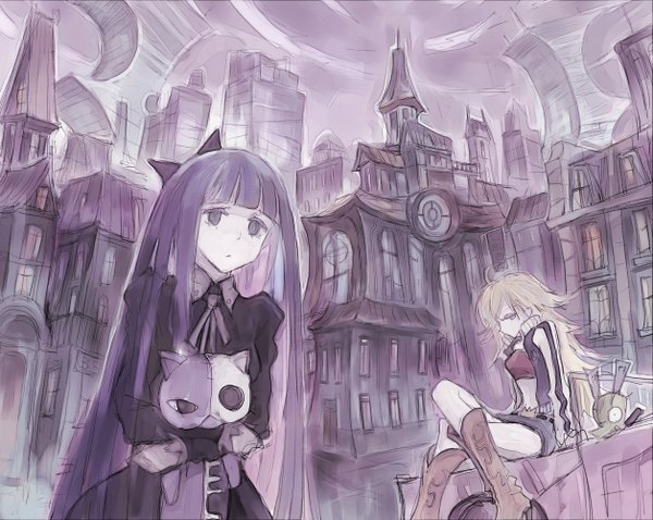 Anime picture 1255x1000 with panty & stocking with garterbelt anarchy stocking anarchy panty roncele (pixiv) long hair blonde hair multiple girls purple hair grey eyes city girl dress bow 2 girls cat