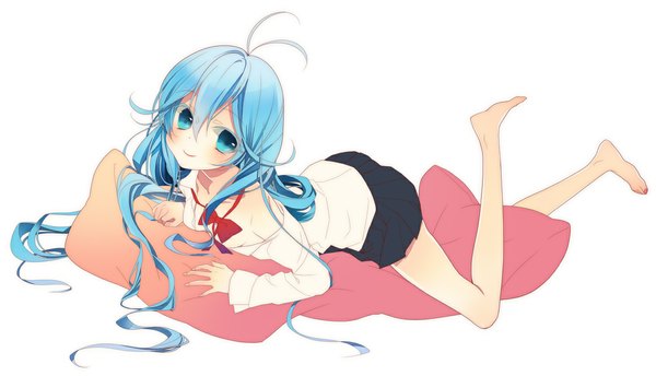Anime picture 1167x671 with denpa onna to seishun otoko shaft (studio) touwa erio naoto (tulip) single long hair looking at viewer blue eyes simple background smile wide image white background bare shoulders blue hair ahoge lying barefoot off shoulder on stomach girl