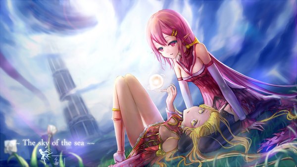 Anime picture 1400x787 with dungeon and fighter wangchuan de quanyan looking at viewer fringe light erotic blonde hair wide image multiple girls yellow eyes pink hair lying very long hair pink eyes pointy ears girl dress hair ornament flower (flowers) 2 girls hairclip