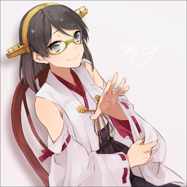 Anime picture 888x888 with kantai collection kirishima battleship hita (hitapita) single looking at viewer short hair black hair simple background smile sitting from above grey background grey eyes dated nontraditional miko girl hair ornament detached sleeves glasses ring
