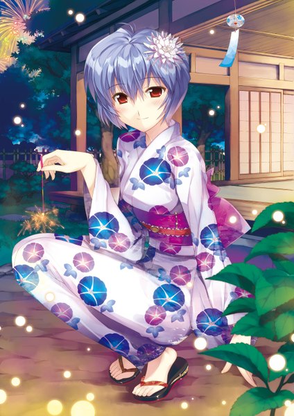 Anime picture 2000x2833 with neon genesis evangelion gainax ayanami rei fujima takuya single tall image looking at viewer highres short hair red eyes blue hair full body traditional clothes japanese clothes hair flower light smile squat fireworks girl hair ornament