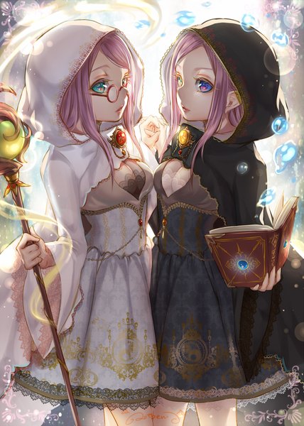 Anime picture 714x1000 with original ao+beni long hair tall image breasts blue eyes standing multiple girls green eyes looking away pink hair parted lips wide sleeves outstretched arm magic holding hands girl dress 2 girls glasses
