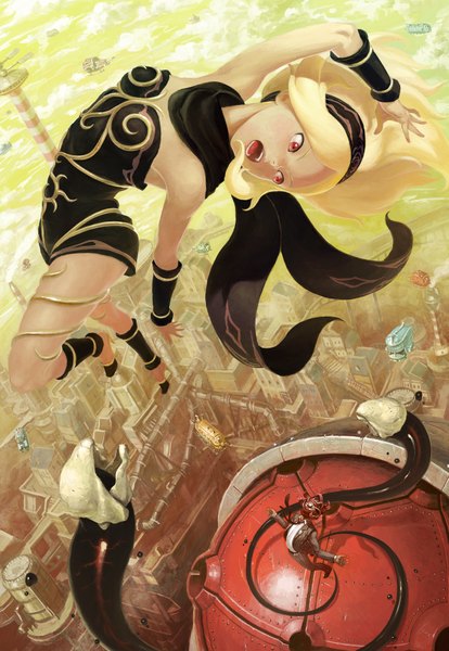 Anime picture 1289x1868 with gravity daze gravity rush (game) kat (gravity daze) alias (gravity daze) arata yokoyama long hair tall image open mouth blonde hair red eyes full body looking back city cityscape jumping formal science fiction girl hairband scarf
