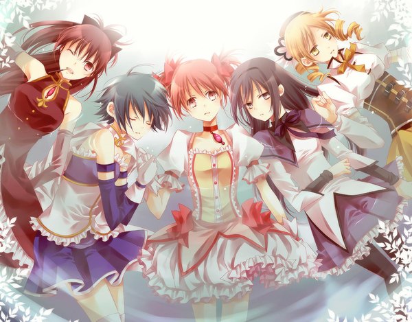 Anime picture 1084x848 with mahou shoujo madoka magica shaft (studio) akemi homura kaname madoka sakura kyouko miki sayaka tomoe mami konu0110 long hair short hair black hair blonde hair red eyes bare shoulders multiple girls brown eyes yellow eyes red hair one eye closed wink