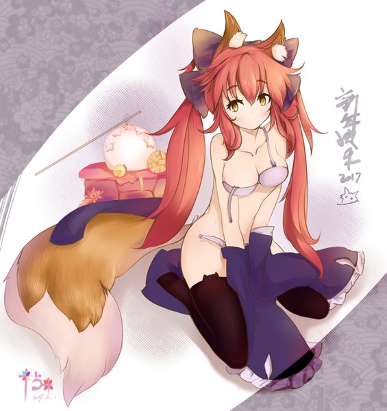 Anime picture 2718x2889 with fate (series) fate/extra tamamo (fate) (all) tamamo no mae (fate) mochigome (fatelly) single long hair tall image blush fringe highres breasts light erotic hair between eyes large breasts sitting twintails bare shoulders animal ears yellow eyes