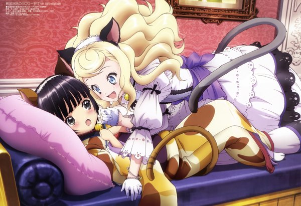 Anime picture 5926x4061 with ikoku meiro no croisee megami magazine satelight yune (ikoku meiro no croisee) alice blanche long hair blush highres short hair open mouth blue eyes black hair blonde hair multiple girls animal ears absurdres animal tail black eyes cat ears official art