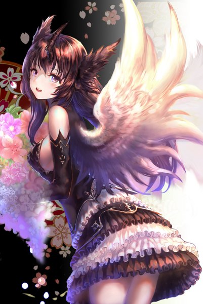 Anime picture 1339x2000 with original iori (cpeilad) single long hair tall image looking at viewer blush breasts open mouth light erotic smile brown hair large breasts white background purple eyes bare shoulders animal ears head tilt looking back horn (horns)