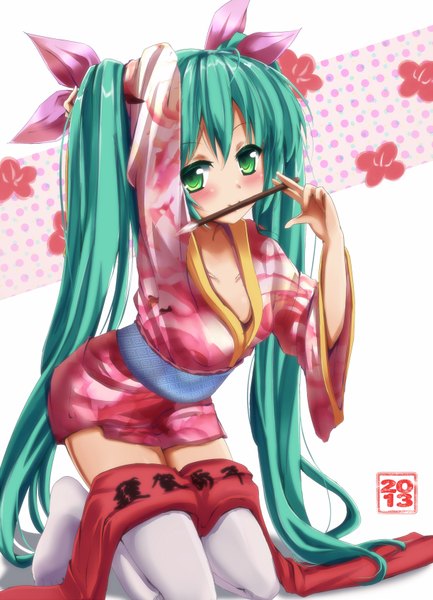 Anime picture 1224x1694 with vocaloid hatsune miku icyfox tall image looking at viewer blush twintails green eyes very long hair japanese clothes aqua hair girl thighhighs white thighhighs kimono paintbrush calligraphy brush