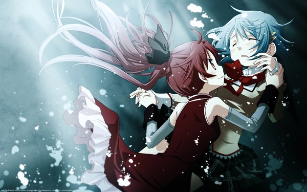 Anime picture 2560x1600 with mahou shoujo madoka magica shaft (studio) sakura kyouko miki sayaka long hair highres short hair wide image multiple girls blue hair ponytail red hair eyes closed light smile holding hands underwater girl dress skirt uniform