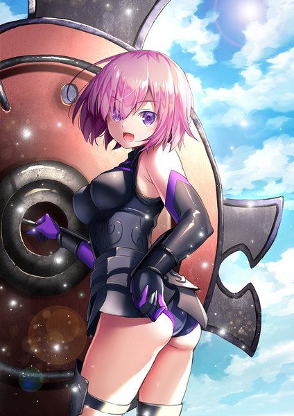 Anime picture 827x1169 with fate (series) fate/grand order mash kyrielight suishougensou single tall image looking at viewer blush fringe short hair open mouth light erotic purple eyes holding sky purple hair cloud (clouds) ass outdoors :d