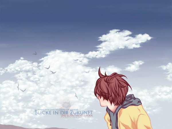 Anime picture 1152x864 with original yina kisuki single short hair brown hair sky cloud (clouds) inscription boy animal bird (birds) hood