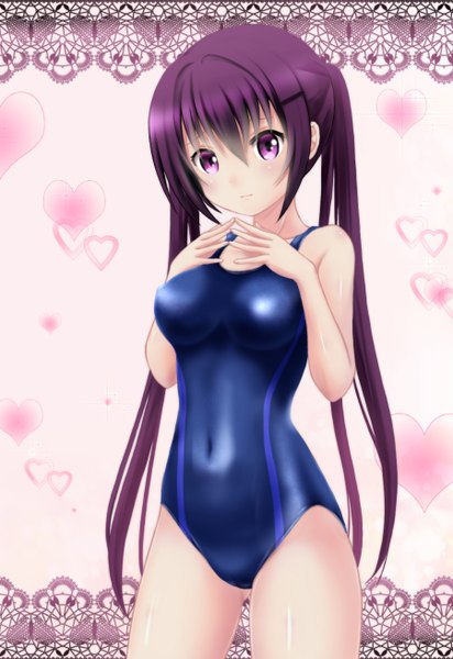 Anime picture 900x1309 with gochuumon wa usagi desu ka? white fox tedeza rize nonaka ritsu single long hair tall image looking at viewer breasts light erotic purple eyes twintails purple hair girl swimsuit heart one-piece swimsuit competition swimsuit