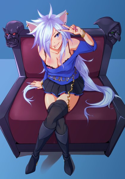 Anime picture 1401x2000 with precure smile precure! toei animation wolfrun zeku (pixiv) long hair tall image blush fringe breasts blue eyes light erotic sitting animal ears silver hair hair over one eye crossed legs girl thighhighs black thighhighs