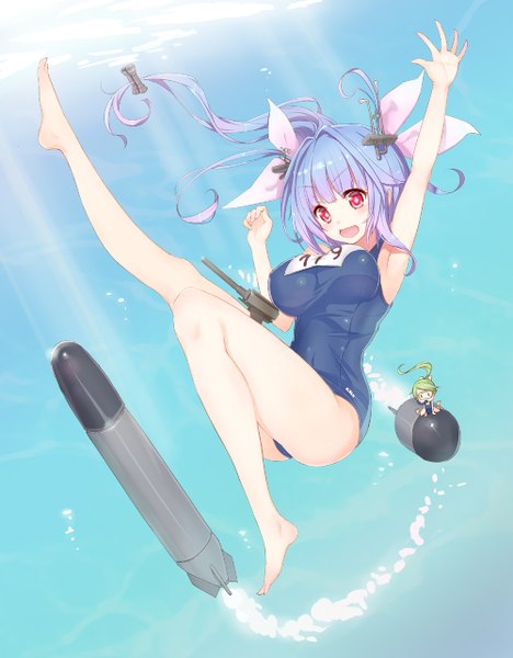 Anime picture 1000x1280 with kantai collection i-19 submarine kagerou (shadowmage) long hair tall image looking at viewer blush breasts open mouth light erotic red eyes large breasts blue hair underwater girl bow weapon swimsuit hair bow one-piece swimsuit