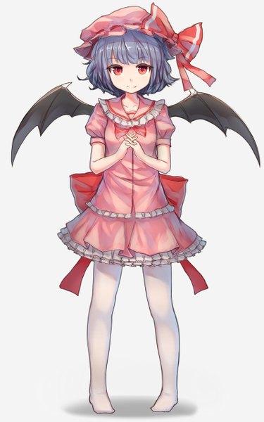 Anime picture 800x1280 with touhou remilia scarlet shone single tall image looking at viewer fringe short hair simple background smile red eyes standing blue hair grey background no shoes bat wings girl pantyhose wings bonnet