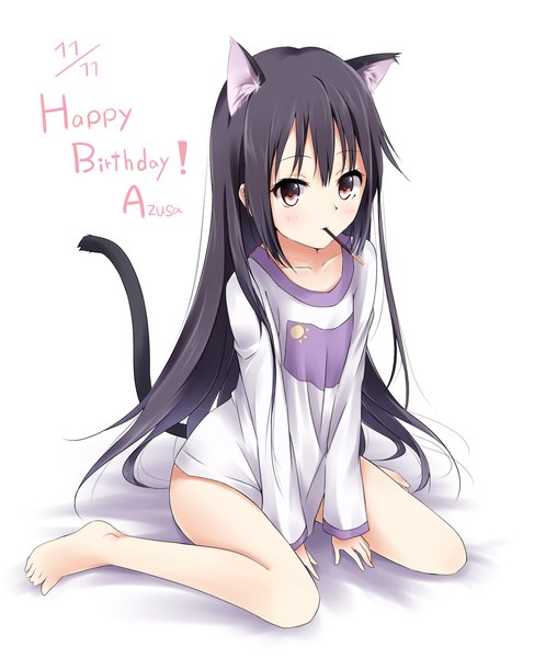 Anime picture 1056x1300 with k-on! kyoto animation nakano azusa yuki (sangeki5806) single long hair tall image black hair simple background white background brown eyes animal ears barefoot cat ears inscription cat girl cat tail pocky day girl food