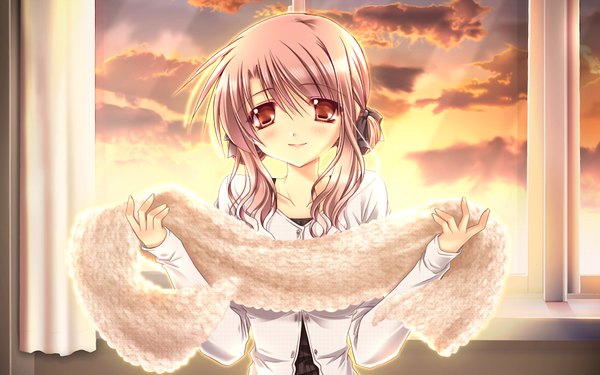 Anime picture 1024x640 with hatsukoi yohou (game) single long hair red eyes brown hair wide image game cg evening sunset girl scarf